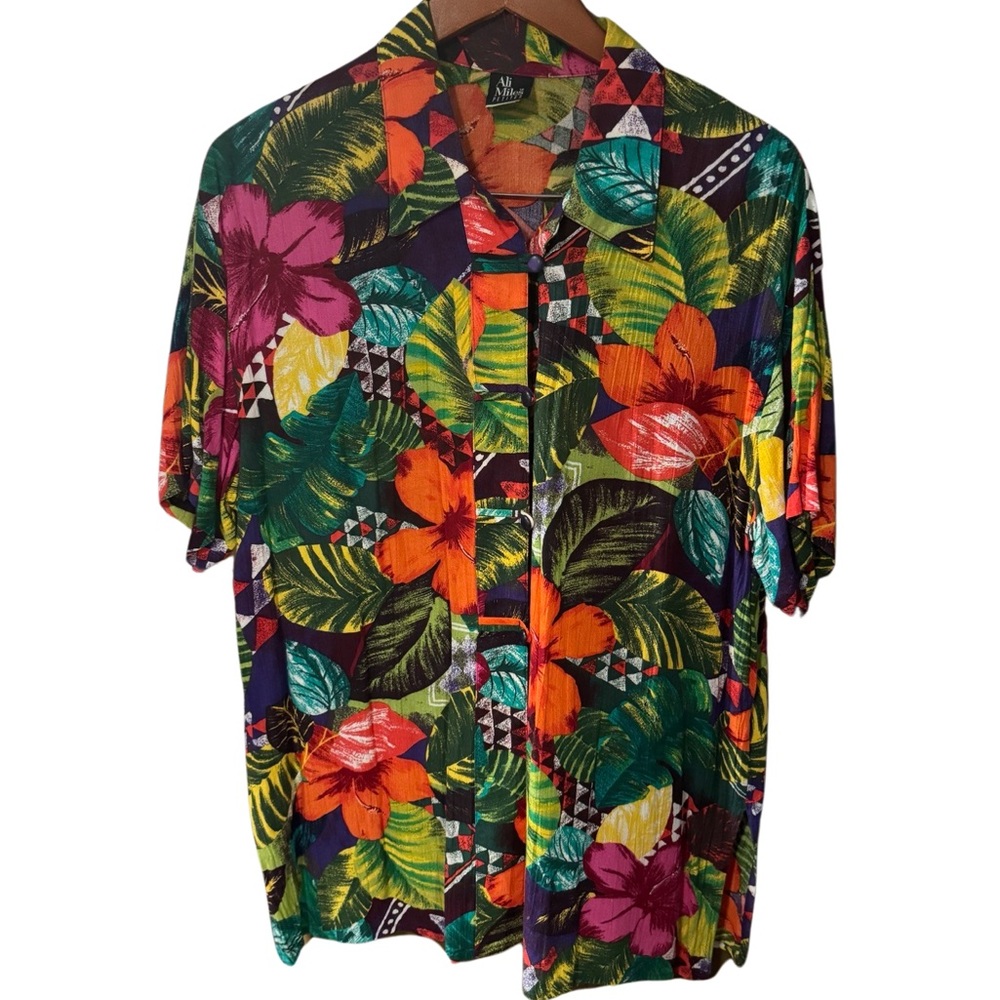 Ali Miles Womens 14 Blouse Top Button Abstract Vintage Floral Hawaiian Petite